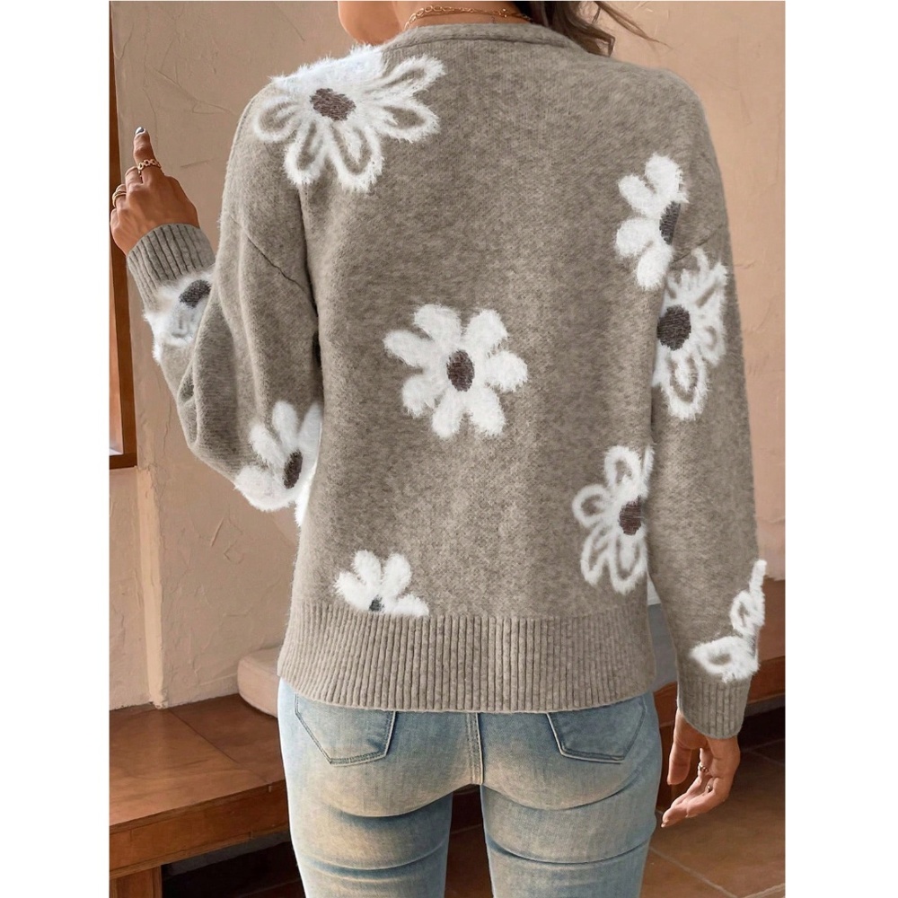 Khaki Cardigan Knit Flower Textured Button Front Fuzzy - Picture 4 of 8